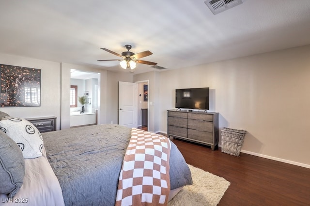 bedroom featuring ceiling fan and dark wood-type flooring