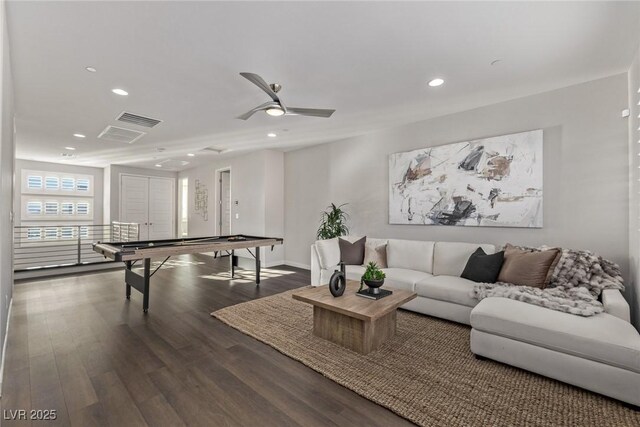 game room featuring recessed lighting, visible vents, a ceiling fan, wood finished floors, and baseboards