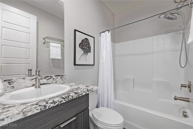 full bath with vanity, toilet, and shower / tub combo with curtain