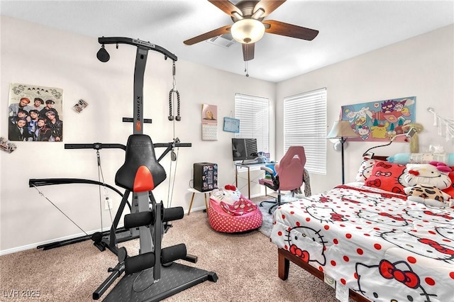 bedroom featuring carpet floors and ceiling fan