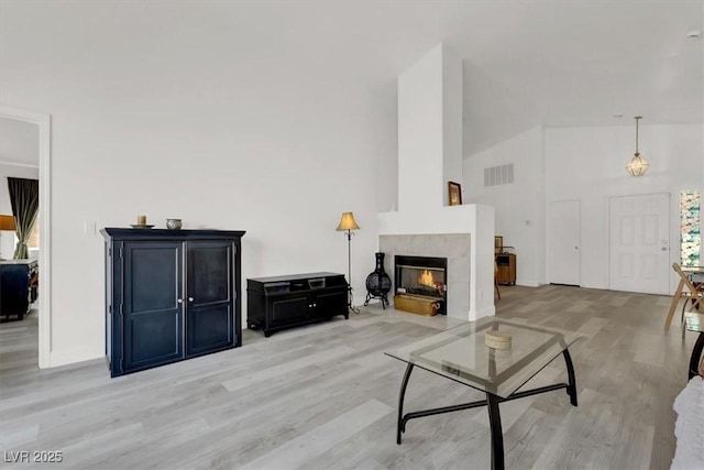 living room with light hardwood / wood-style flooring and a fireplace