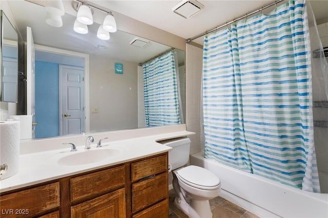 full bathroom featuring shower / bath combo, toilet, tile patterned flooring, and vanity