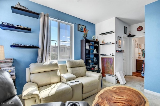 living room featuring light colored carpet