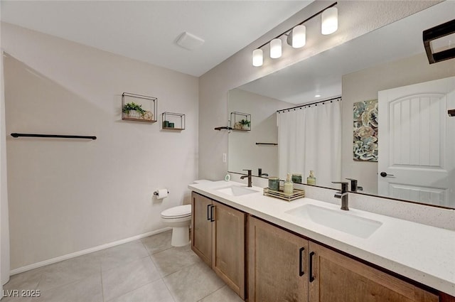 bathroom featuring curtained shower, toilet, tile patterned flooring, and vanity