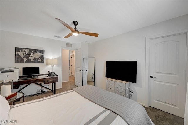 carpeted bedroom with ceiling fan