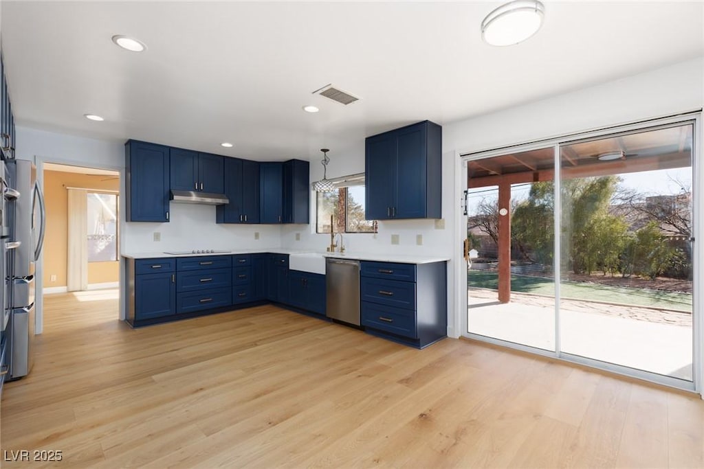 kitchen with blue cabinetry, stainless steel dishwasher, and light wood-type flooring