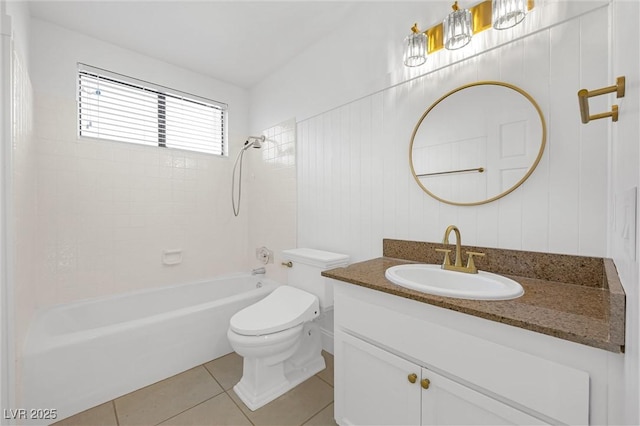 full bathroom with vanity, toilet, tile patterned floors, and tiled shower / bath