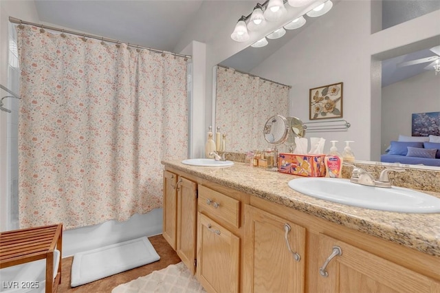 bathroom featuring vanity, tile patterned floors, and a shower with shower curtain