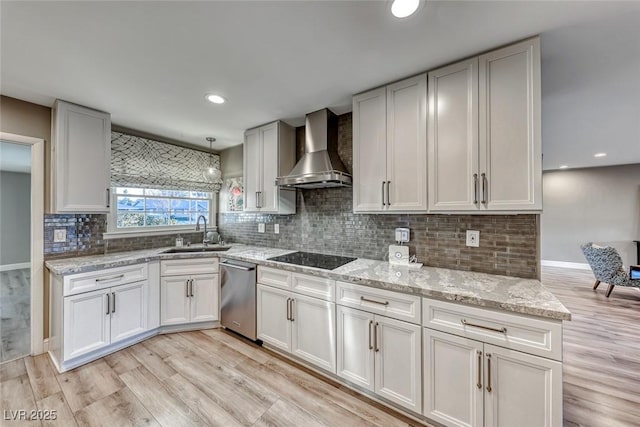 kitchen featuring wall chimney range hood, sink, black electric stovetop, white cabinets, and stainless steel dishwasher