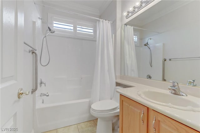 full bathroom with toilet, crown molding, tile patterned flooring, shower / bath combination with curtain, and vanity