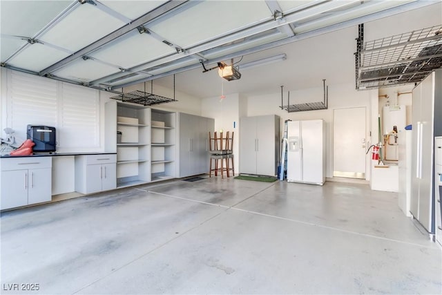 garage featuring a garage door opener, water heater, and white refrigerator with ice dispenser