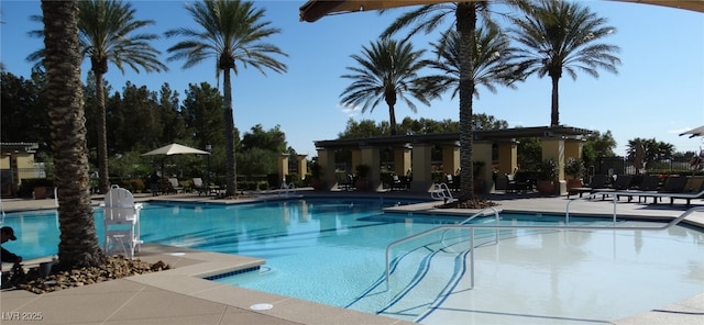 view of swimming pool featuring a patio area