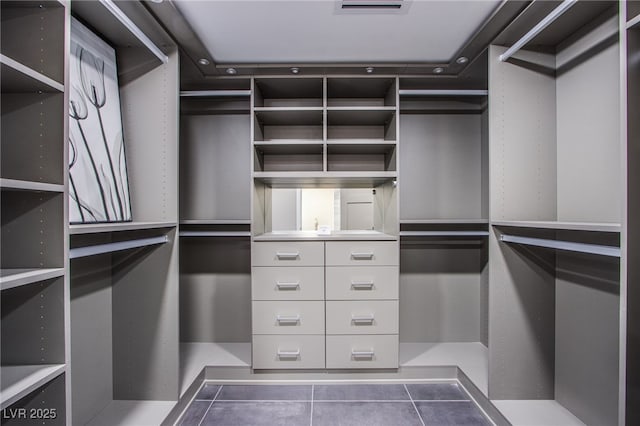 spacious closet featuring dark tile patterned floors