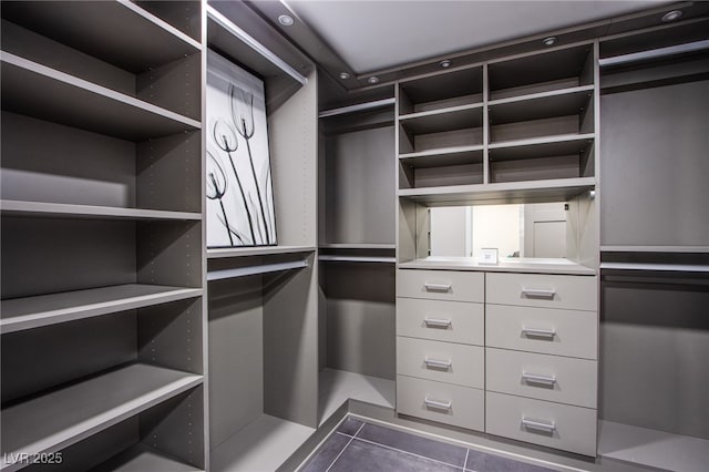 spacious closet featuring dark tile patterned floors