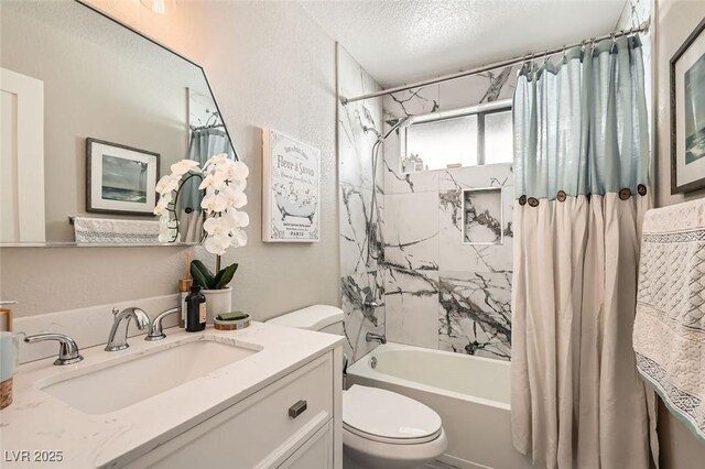 bathroom with shower / bath combination with curtain, vanity, toilet, and a textured ceiling