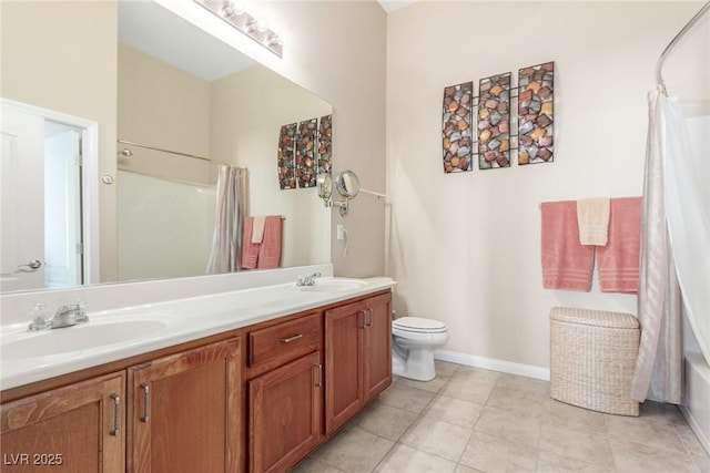 full bathroom with vanity, toilet, and shower / tub combo with curtain