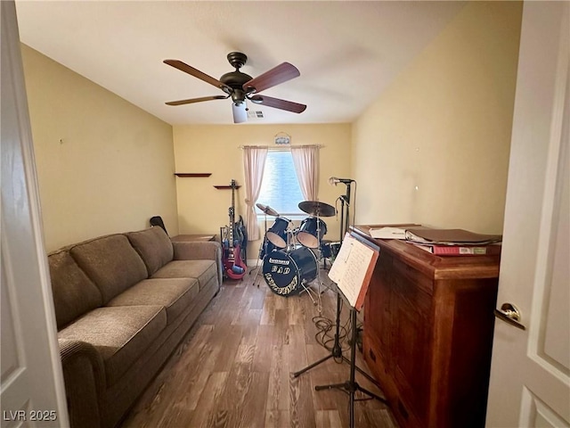 interior space featuring ceiling fan and hardwood / wood-style floors