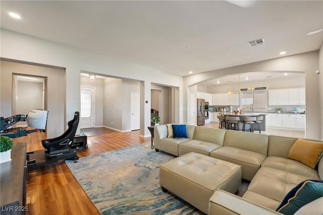 living room with sink and wood-type flooring