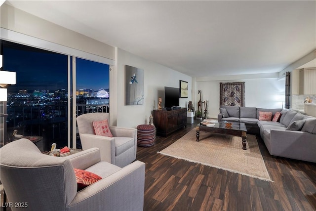 living room with dark hardwood / wood-style flooring