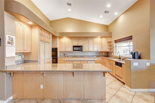 kitchen with black appliances, light brown cabinetry, sink, kitchen peninsula, and light tile patterned flooring