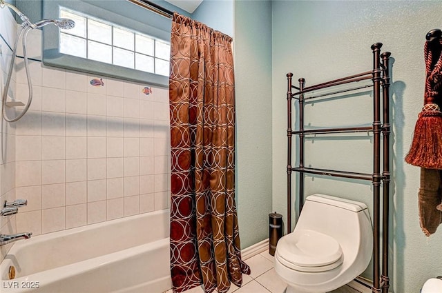 bathroom featuring toilet, shower / tub combo, and tile patterned flooring