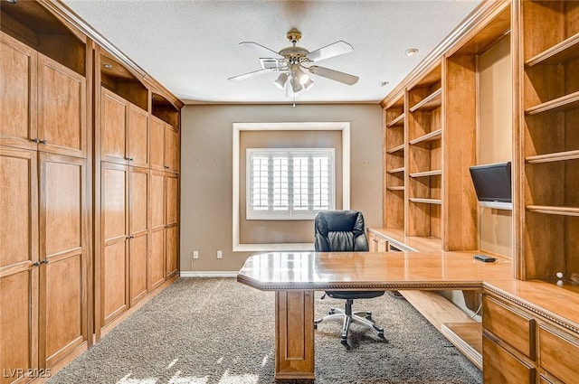 carpeted office space with ceiling fan and a textured ceiling