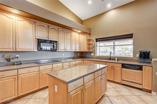 kitchen featuring light brown cabinetry, sink, light tile patterned floors, a center island, and black appliances