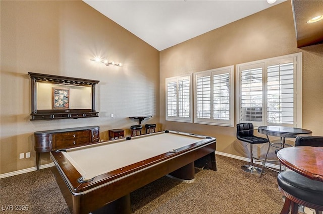 rec room with carpet floors, billiards, and lofted ceiling