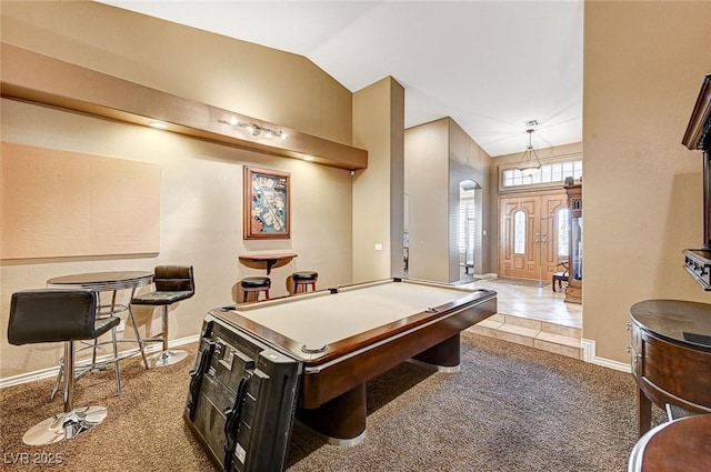 game room featuring pool table, carpet floors, and lofted ceiling