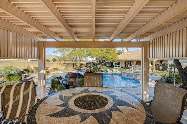 view of swimming pool featuring a pergola and a patio