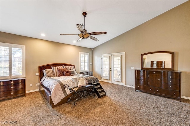 carpeted bedroom featuring ceiling fan, access to exterior, french doors, and vaulted ceiling