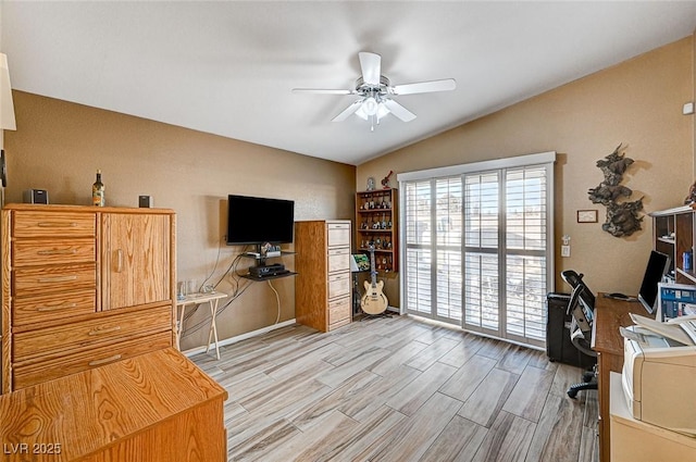 office space with ceiling fan and lofted ceiling