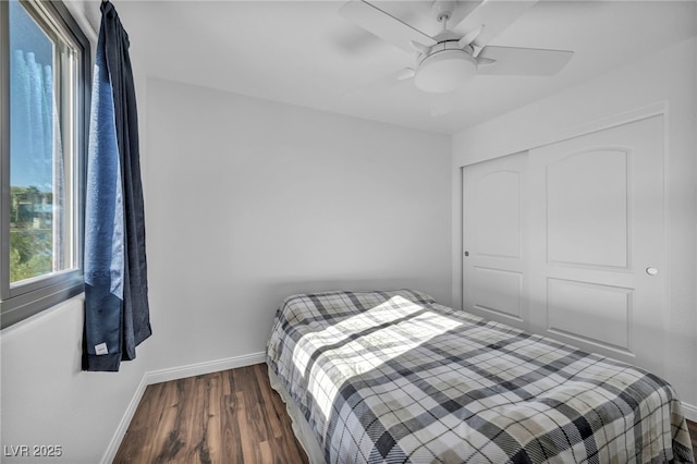 bedroom with dark wood-type flooring, a closet, and ceiling fan