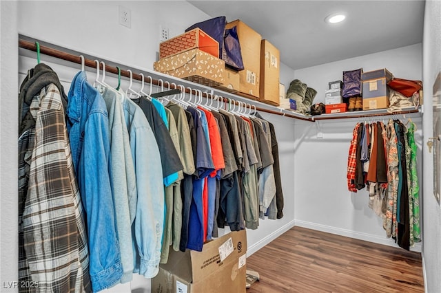 walk in closet with wood-type flooring