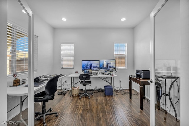 home office with hardwood / wood-style floors