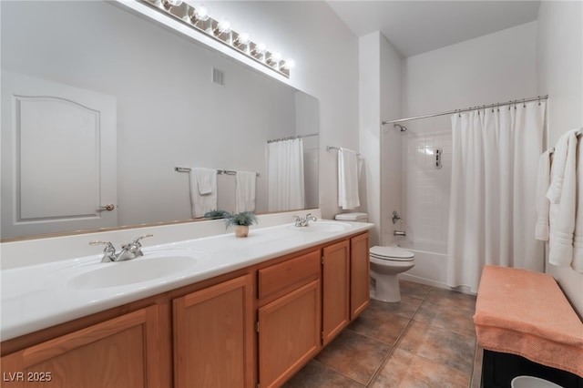 full bathroom with toilet, shower / tub combo, and vanity