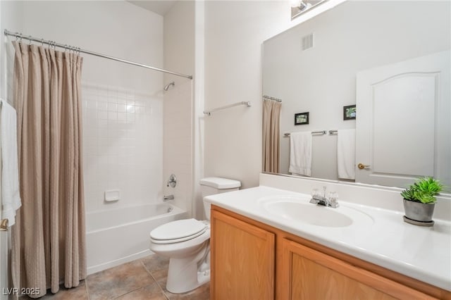 full bathroom featuring vanity, toilet, tile patterned floors, and shower / bath combo with shower curtain