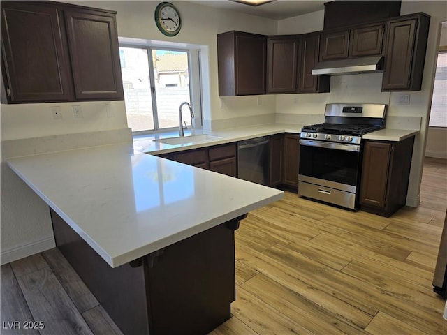 kitchen featuring gas stove, kitchen peninsula, dishwasher, and light wood-type flooring