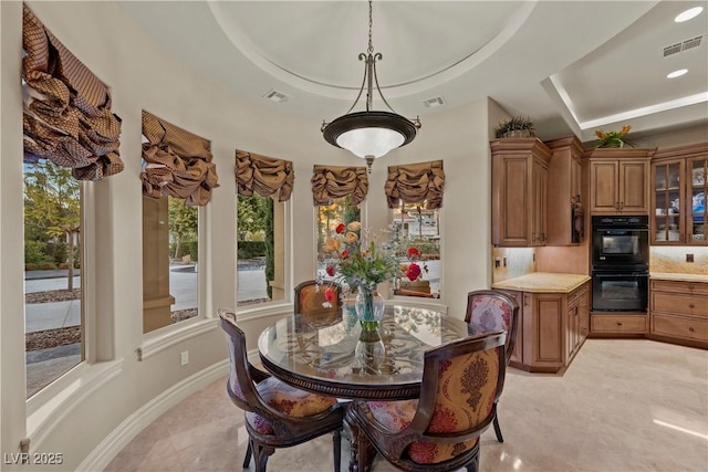 dining area with a raised ceiling