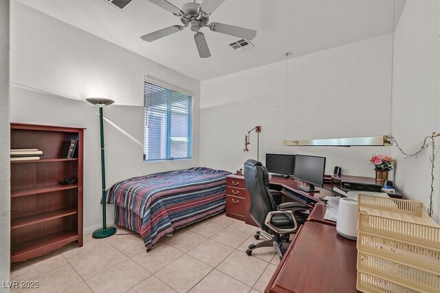 bedroom featuring light tile patterned floors and ceiling fan