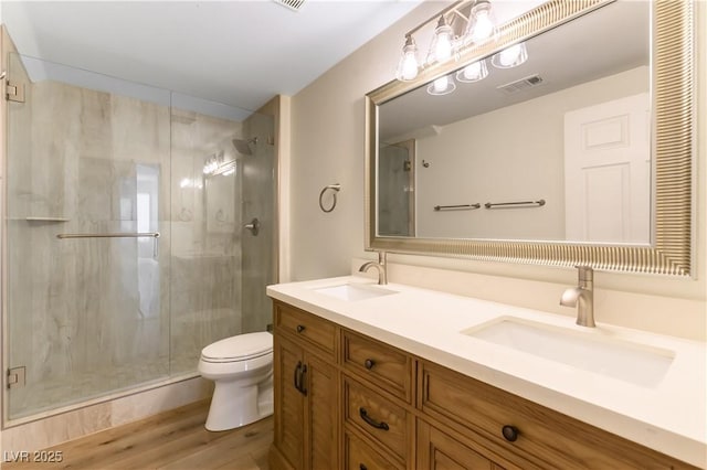 bathroom featuring vanity, wood-type flooring, a shower with shower door, and toilet