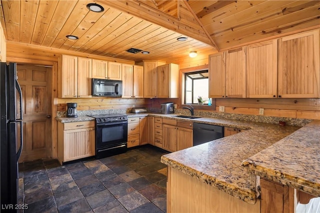 kitchen with wooden ceiling, light brown cabinets, kitchen peninsula, and black appliances