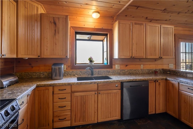 kitchen with sink, wood ceiling, wooden walls, and black appliances