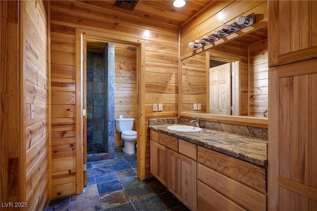 bathroom with vanity, wood ceiling, toilet, and wood walls