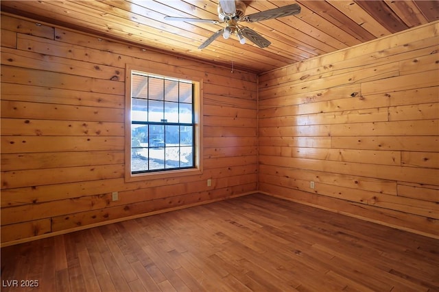 spare room featuring wood ceiling, wood-type flooring, ceiling fan, and wood walls