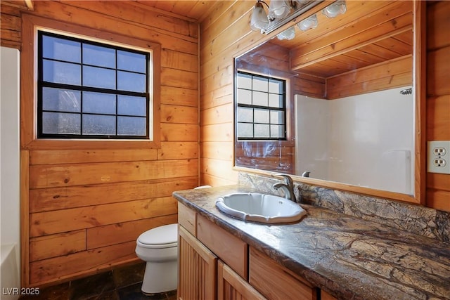 bathroom with wooden ceiling, vanity, toilet, and wood walls