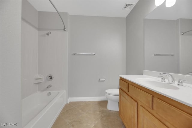 full bathroom with shower / tub combination, vanity, toilet, and tile patterned flooring