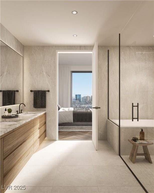 bathroom featuring vanity and a fireplace