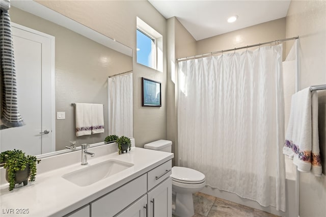 full bathroom featuring vanity, tile patterned floors, toilet, and shower / tub combo with curtain