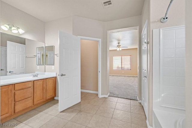 bathroom with vanity, tile patterned floors, and ceiling fan